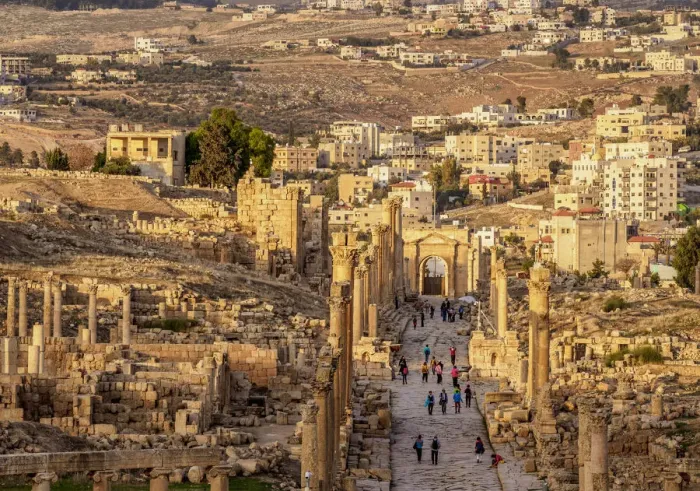 Framed Print : Colonnaded Street or Cardo at sunset, Jerash, Jerash Governorate, Jordan