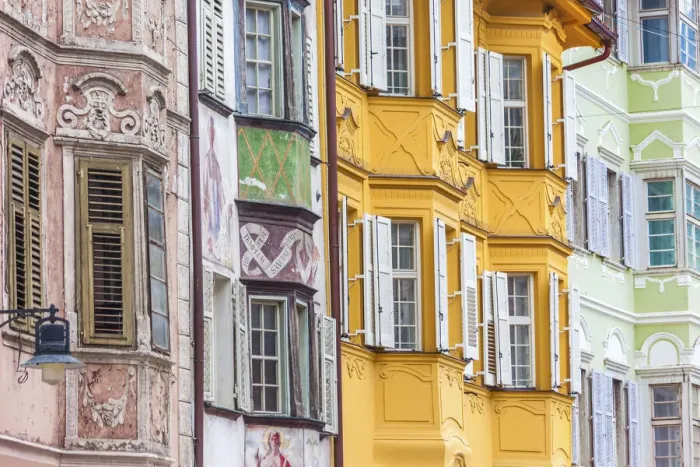 Framed Print : Colored facades in the old town of Bolzano, South Tyrol, Italy Framed Print : Colored facades in the old town of Bolzano, South Tyrol, Italy