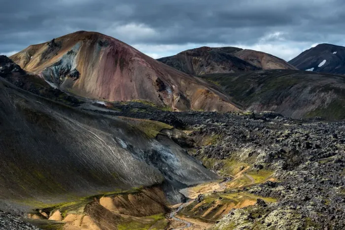Framed Print : Colored mountains and lava camp in highlands of Iceland, Landmannalaugar, Iceland