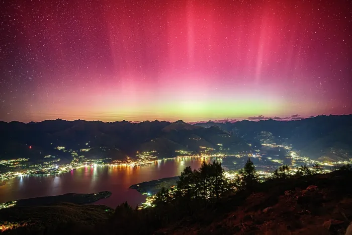 Framed Print : Colorful Aurora Borealis over Lake Como, Lombardy, Italy Framed Print : Colorful Aurora Borealis over Lake Como, Lombardy, Italy