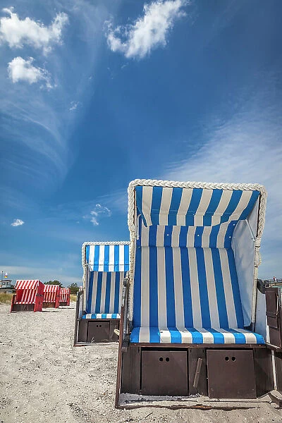 Colorful beach chairs on the beach of Zingst, Mecklenburg-Western Pomerania, Baltic Sea, North Germany, Germany