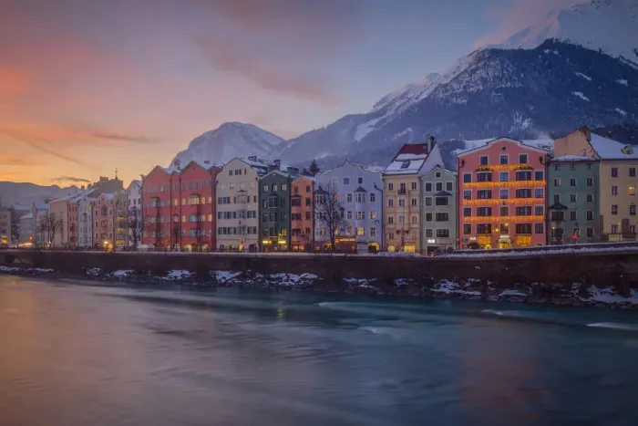 Framed Print : The colorful buildings of Mariahilf at dusk, Innsbruck, Tyrol, Asutria