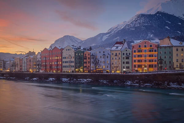 The colorful buildings of Mariahilf at dusk, Innsbruck, Tyrol, Asutria