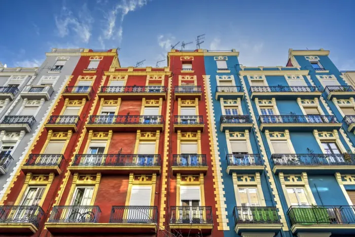 Framed Print : Colorful buildings in a street of Ruzafa, Valencia, Spain Framed Print : Colorful buildings in a street of Ruzafa, Valencia, Spain