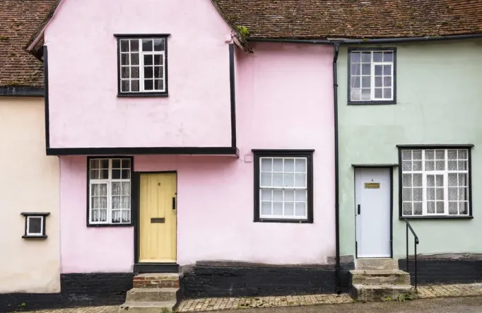 Framed Print : Colorful cottages in a medieval village of Kersey, Suffolk, England