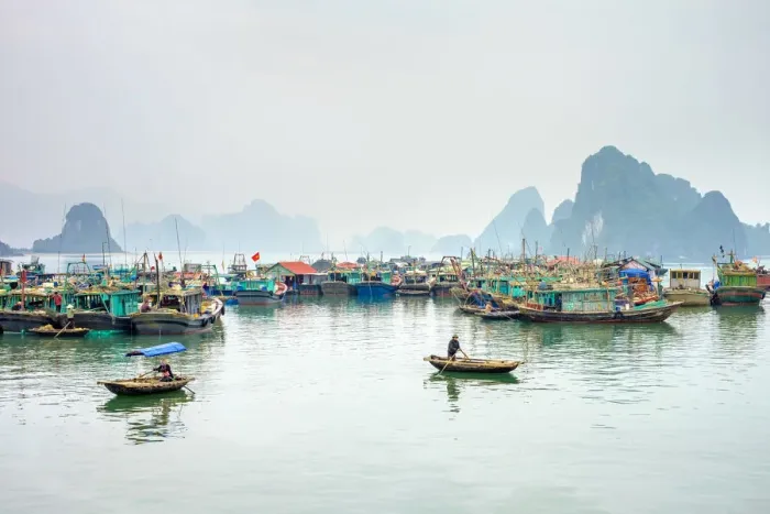 Framed Print : Colorful fishing boats in the harbor at Cai Rong, Quang Ninh Province, Vietnam