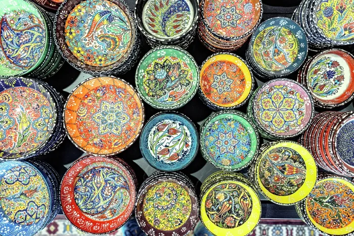 Framed Print : Colorful handmade ceramic bowls and plates, Avanos, Cappadocia, Nevsehir Province, Central Anatolia, Turkey