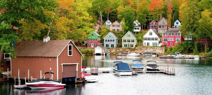 Framed Print : Colorful homes along Lake Winnipesaukee, New Hampshire, New England, USAlake Framed Print : Colorful homes along Lake Winnipesaukee, New Hampshire, New England, USAlake