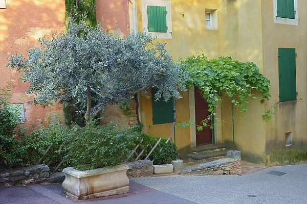 Colorful house facade in the village Roissillon, Departement Vaucluse, Provence, Provence-Alpes-Cote d Azur, Alpes de Haute Provence, Southern France, France