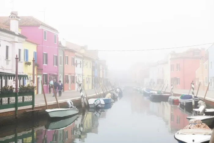 Framed Print : Colorful houses in Burano with canal and moored boats in the fog, Venice, Venetian lagoon Framed Print : Colorful houses in Burano with canal and moored boats in the fog, Venice, Venetian lagoon