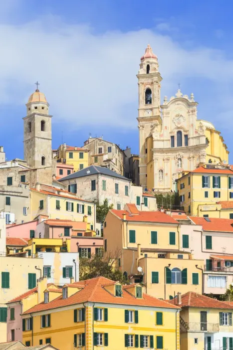Framed Print : Colorful houses of Cervo village. Cervo, Imperia province, Liguria, Italy