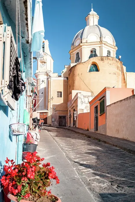 Framed Print : Colorful houses and church in the uphill alleys, Procida island, Gulf of Naples, Campania, Italy Framed Print : Colorful houses and church in the uphill alleys, Procida island, Gulf of Naples, Campania, Italy