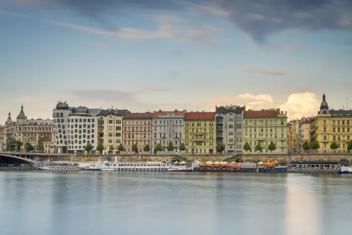 Framed Print : Colorful houses and Dancing House on Vltava riverside at Rasinovo namesti, Prague