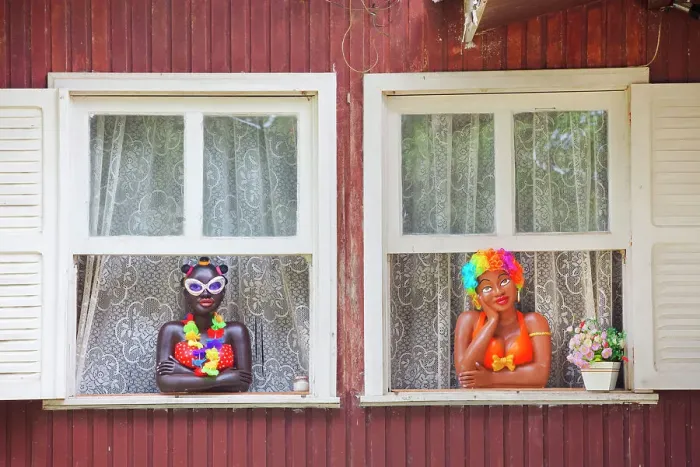 Framed Print : Colorful mannequins at the window of a local house, Vila do Abraao, Ilha Grande, Angra dos Reis, Rio de Janeiro, Brazil Framed Print : Colorful mannequins at the window of a local house, Vila do Abraao, Ilha Grande, Angra dos Reis, Rio de Janeiro, Brazil