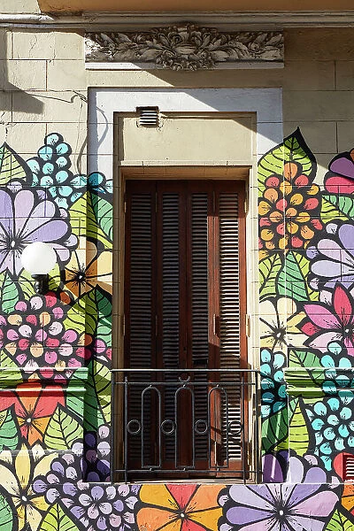 A colorful mural on the exterior facade of a colonial house in San Telmo, Buenos Aires, Argentina