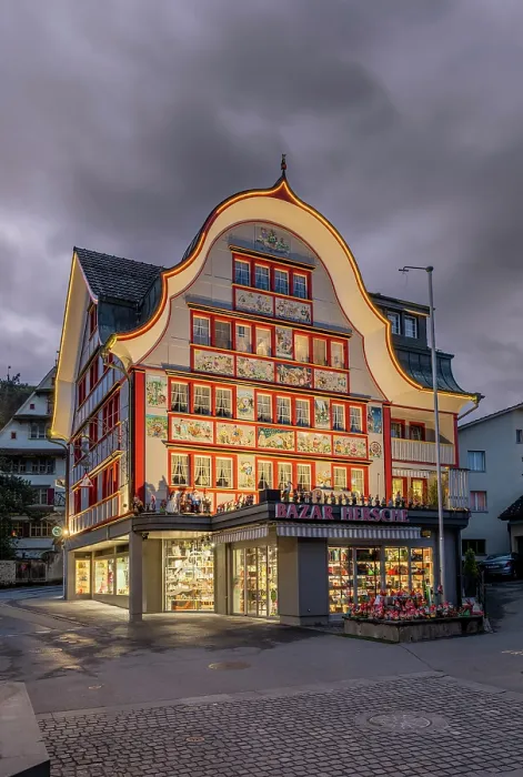 Framed Print : Colorful painted facade of Bazar Hersche toy store, Appenzell, Canton of Appenzell Innerrhoden, Switzerland Framed Print : Colorful painted facade of Bazar Hersche toy store, Appenzell, Canton of Appenzell Innerrhoden, Switzerland