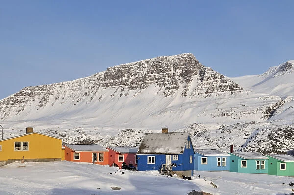 Colorful row of houses, Qeqertarsuaq, Disko Island, Greenland