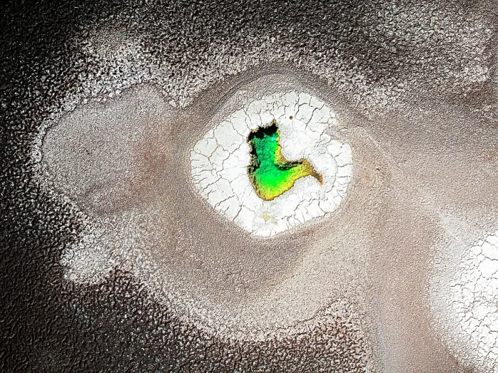 Framed Print : Colorful salt pond within cracked salt crust, Ojos del Mar, Tolar Grande, Salta, Argentina