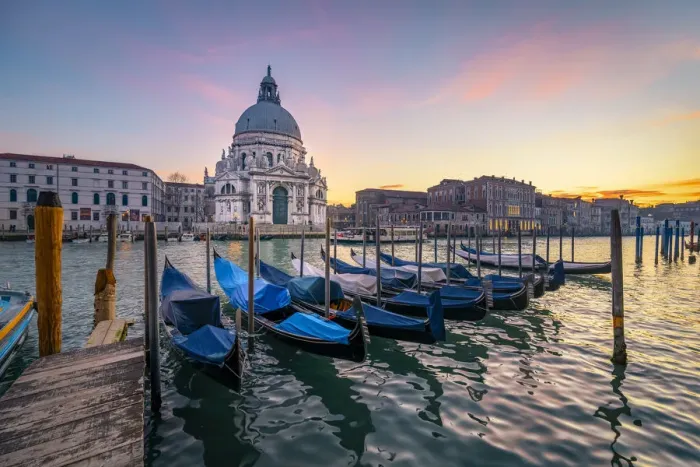 Framed Print : Colorful sunset in front of Santa Maria della Salute church. Venice, Veneto, Italy