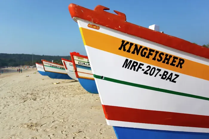 Framed Print : Colorful wooden fishing boats in a beach of Goa, West India Framed Print : Colorful wooden fishing boats in a beach of Goa, West India