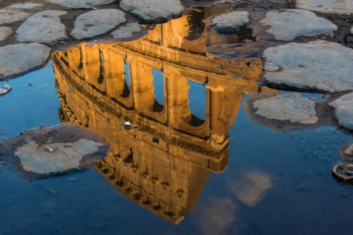 Framed Print : Colosseum or Coliseum reflected in a puddle at sunset, Rome, Lazio, Italy Framed Print : Colosseum or Coliseum reflected in a puddle at sunset, Rome, Lazio, Italy