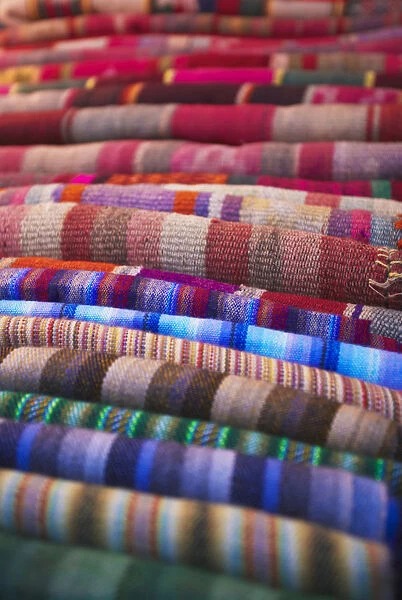 Colourful blankets at market, Sucre (UNESCO World Heritage Site), Bolivia
