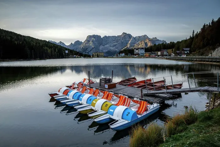 Framed Print : Colourful boats on Laguna Misurina, Dolomites, Auronzo di Cadore, Belluno province, Veneto, Italy Framed Print : Colourful boats on Laguna Misurina, Dolomites, Auronzo di Cadore, Belluno province, Veneto, Italy