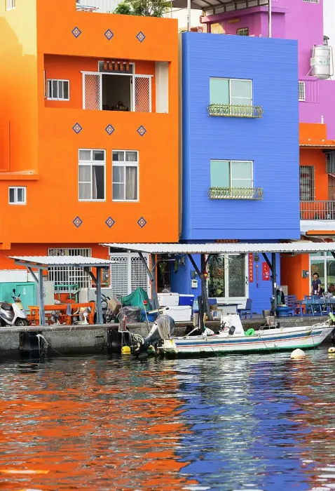 Framed Print : Colourful buildings and fishing boats at Gushan Harbour, Kaohsiung, Taiwan