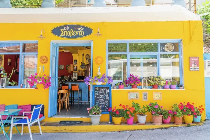 Framed Print : Colourful cafe, Kioni, Ithaca Island, Ionian Islands, Greek Islands, Greece Framed Print : Colourful cafe, Kioni, Ithaca Island, Ionian Islands, Greek Islands, Greece