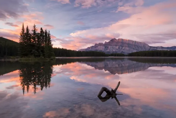 Framed Print : Colourful dawn sky above Mount Rundle and Two Jack Lake, Banff National Park, Alberta, Canada