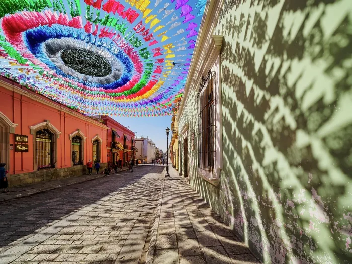 Framed Print : Colourful decorations at the Macedonio Alcala Street, Oaxaca de Juarez, Oaxaca State, Mexico
