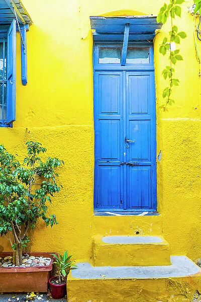A colourful facade in the Rhodes Medieval city, UNESCO Rhodes, Dodecanese Islands, Greece