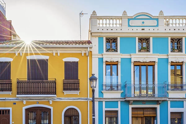Colourful facades of traditional houses in El Cabanyal neighbourhood, Valencia, Valencian Community, Spain