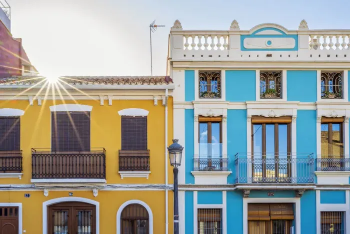 Framed Print : Colourful facades of traditional houses in El Cabanyal neighbourhood, Valencia, Valencian Community, Spain Framed Print : Colourful facades of traditional houses in El Cabanyal neighbourhood, Valencia, Valencian Community, Spain