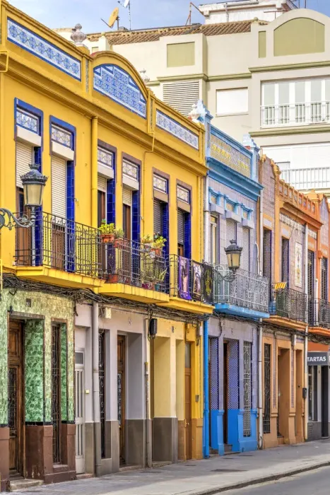 Framed Print : Colourful facades of traditional modernism houses in El Cabanyal neighbourhood, Valencia, Valencian Community, Spain Framed Print : Colourful facades of traditional modernism houses in El Cabanyal neighbourhood, Valencia, Valencian Community, Spain