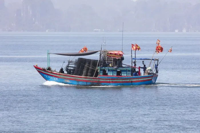 Framed Print : Colourful fishing boat with flags, Halong Bay, Quang Ninh Province, North-East Vietnam Framed Print : Colourful fishing boat with flags, Halong Bay, Quang Ninh Province, North-East Vietnam