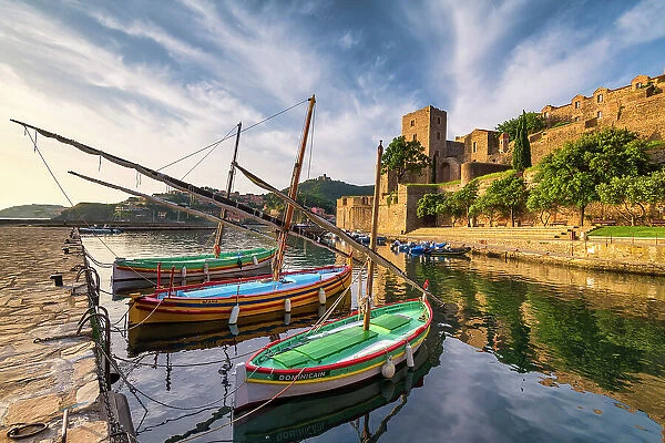 Colourful Fishing Boats & Royal Castle, Collioure, Pyrenees Orientales, Occitanie Region, France