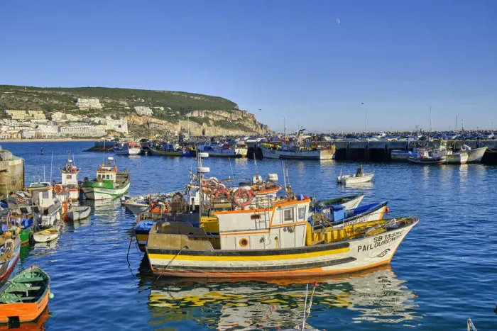 Framed Print : Colourful fishing boats at the Sesimbra fishing harbour. Portugal