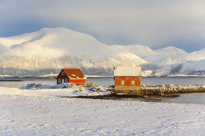Framed Print : Colourful fishing huts, Sommarooy, Troms region, Norway Framed Print : Colourful fishing huts, Sommarooy, Troms region, Norway