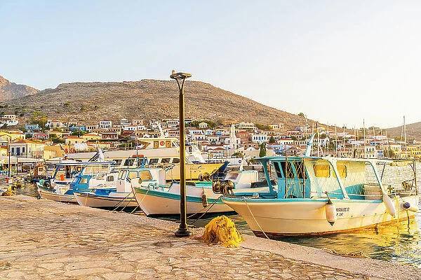 The colourful harbour in Halki, Chalki, Dodecanese Islands, Greece