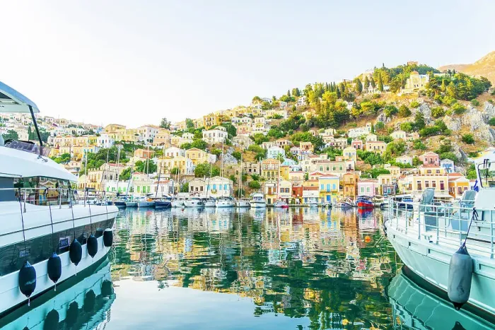 Framed Print : The colourful harbour in Symi, Dodecanese Islands, Greece Framed Print : The colourful harbour in Symi, Dodecanese Islands, Greece