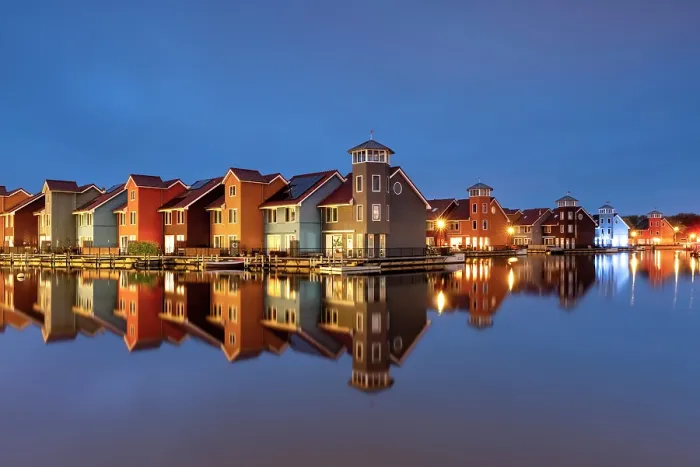 Framed Print : Colourful Houses at Dusk, Groningen, Holland, Netherlands Framed Print : Colourful Houses at Dusk, Groningen, Holland, Netherlands