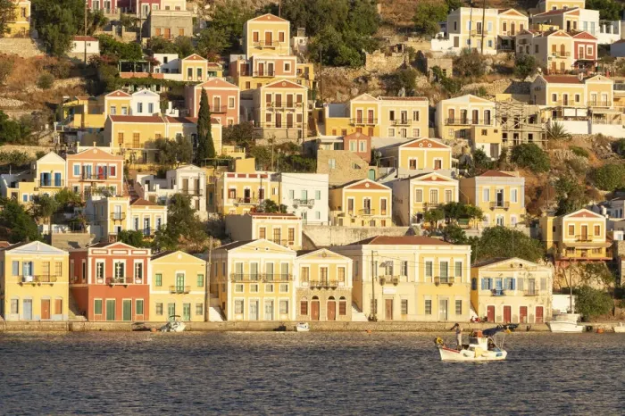 Framed Print : Colourful Houses along Gialos Harbour, Symi Island, Dodecanese Islands, Greece Framed Print : Colourful Houses along Gialos Harbour, Symi Island, Dodecanese Islands, Greece