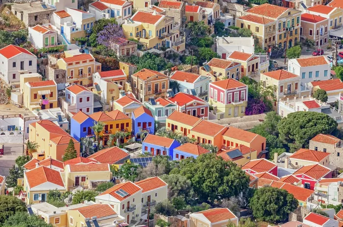 Framed Print : Colourful houses, Gialos, Symi Island, Dodecanese Islands, Greece Framed Print : Colourful houses, Gialos, Symi Island, Dodecanese Islands, Greece