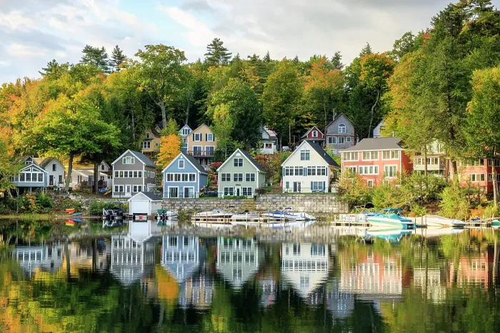 Framed Print : Colourful houses on Lake Winnipesaukee, New Hampshire, New England, USA Framed Print : Colourful houses on Lake Winnipesaukee, New Hampshire, New England, USA