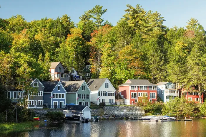 Framed Print : Colourful houses on Lake Winnipesaukee, New Hampshire, New England, USA Framed Print : Colourful houses on Lake Winnipesaukee, New Hampshire, New England, USA