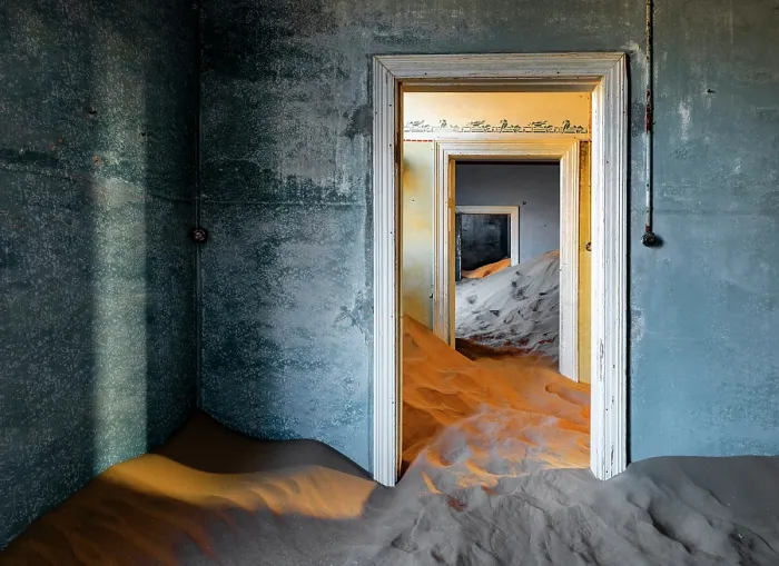 Framed Print : Colourful painted rooms filling with sand in abandoned diamond mining town, Kolmanskop, Luderitz, Namib Desert, Namibia