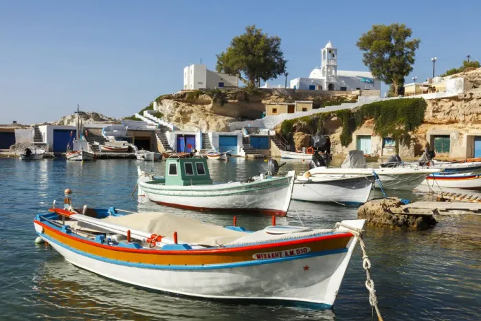 Framed Print : Colourful port of Mandraki on the island of Milos, Cyclades, Greece Framed Print : Colourful port of Mandraki on the island of Milos, Cyclades, Greece