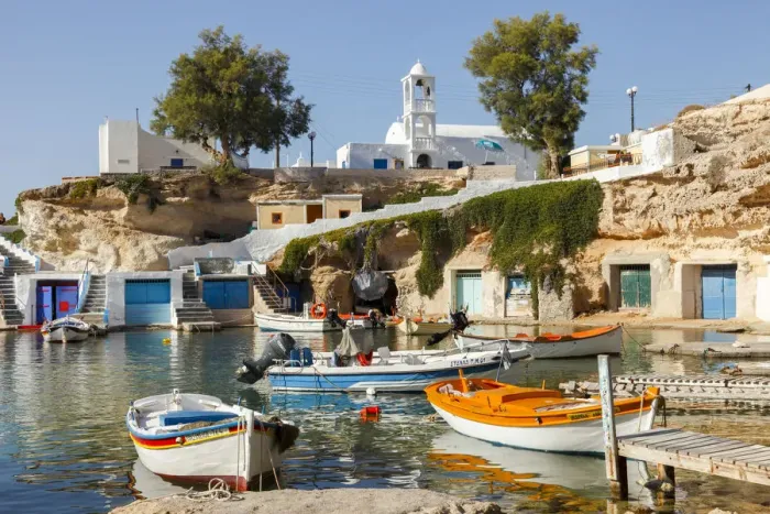 Framed Print : Colourful port of Mandraki on the island of Milos, Cyclades, Greece Framed Print : Colourful port of Mandraki on the island of Milos, Cyclades, Greece