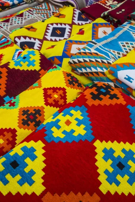 Framed Print : Colourful rugs, Souk Waqif, Doha, Qatar
